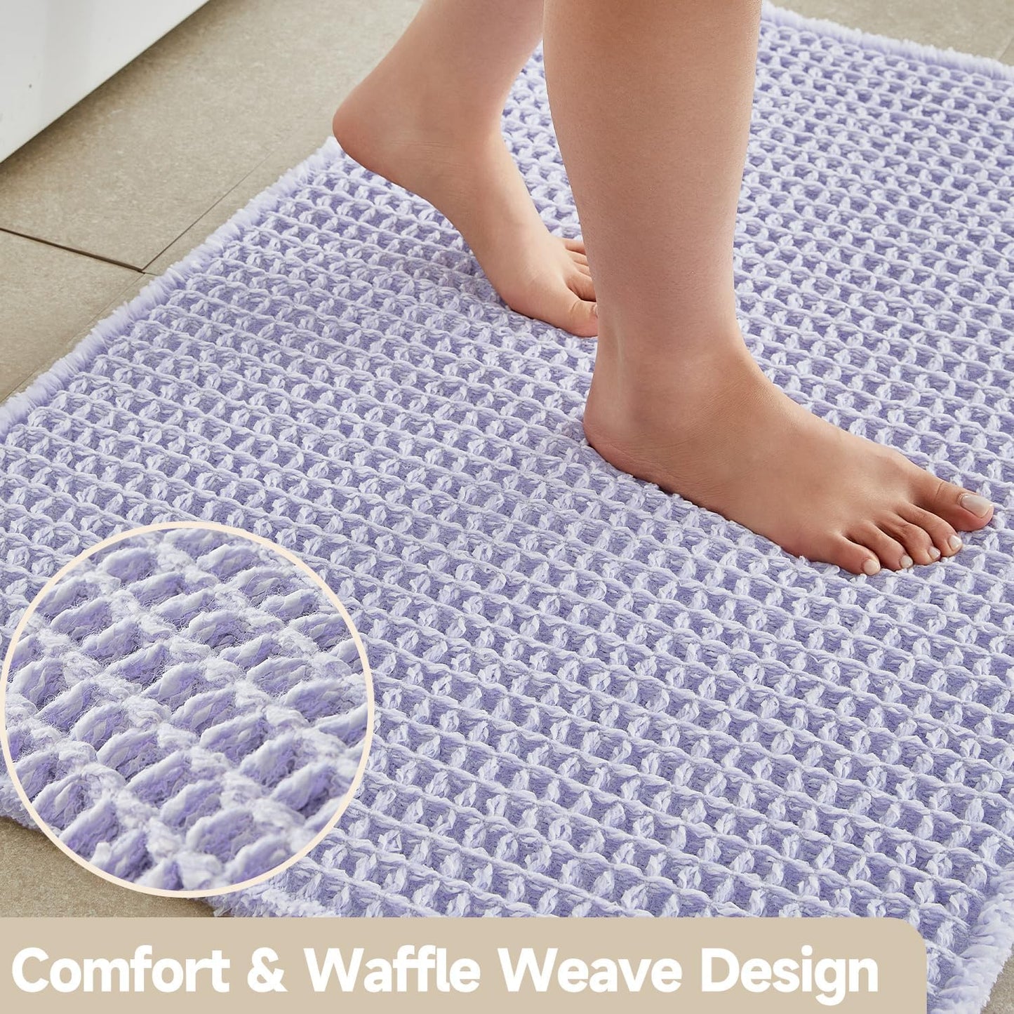 Waffle Bath Mat, Boho Bathroom Rugs Non Slip Washable Super Absorbent Quick Dry Cute Bath Mat Farmhouse Bathroom Decor, 30''x20'' Lavender Cream