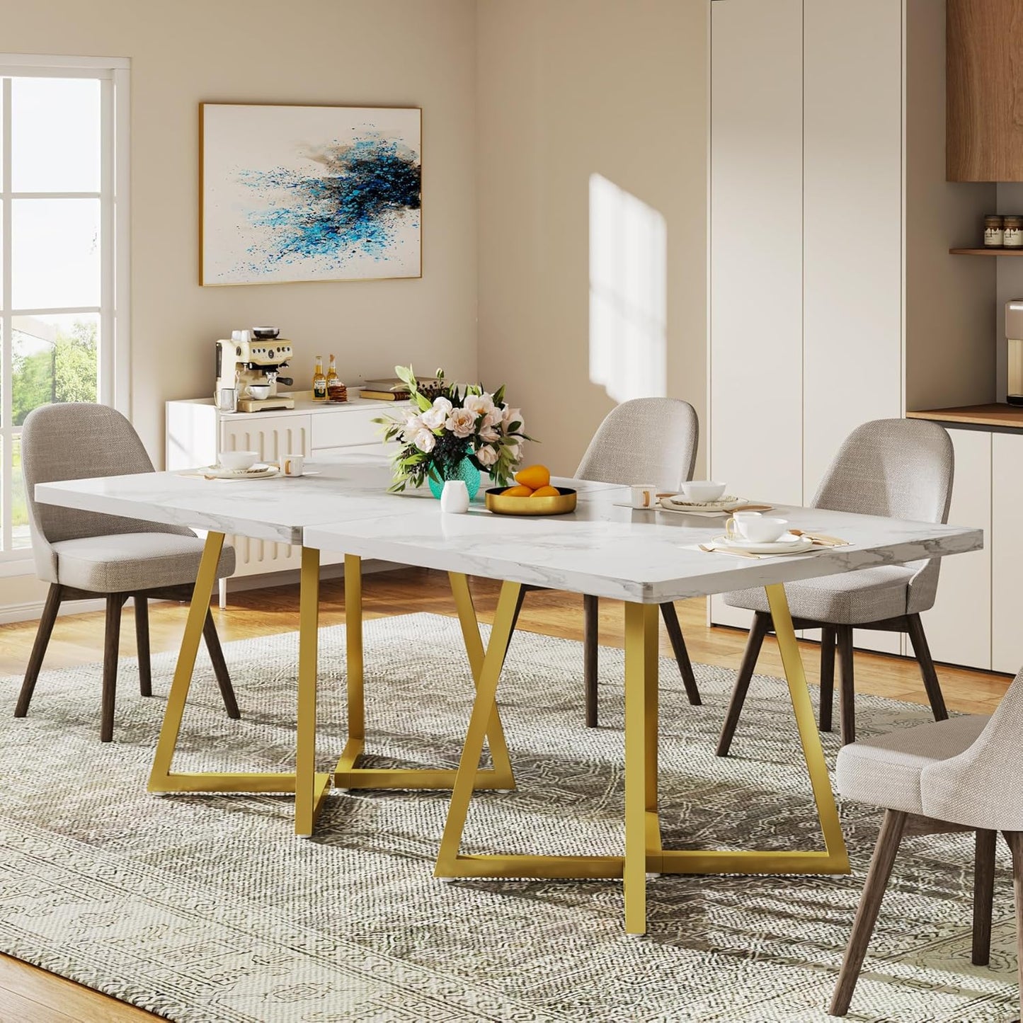 Tribesigns Square Dining Table for 6, 31.5" Modern Dinner Table with Metal Base, Kitchen Table for Dining Room, Small Space, Apartment, White & Gold
