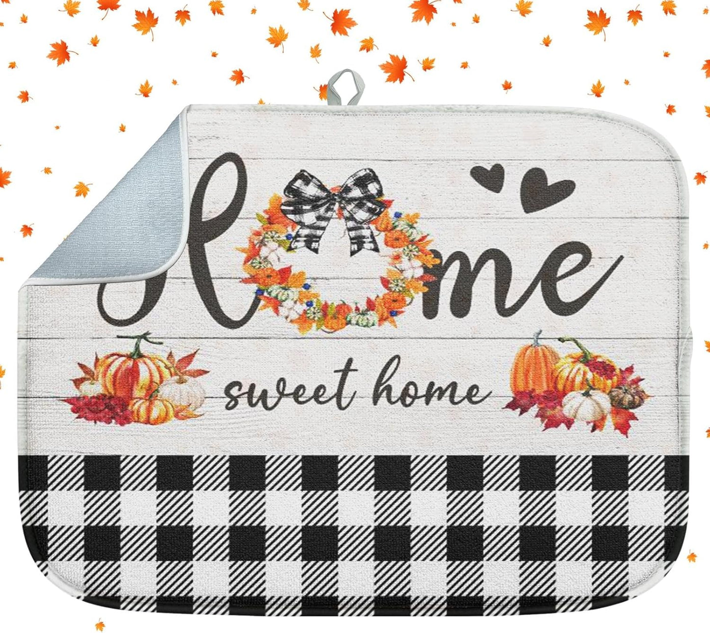Sanwarm Absorbent Dish Drying Mat, Autumn Pumpkin Flower Microfiber Pad for Kitchen Counter, Fall Home Sweet Home for Coffee Bar Decor, Heat Resistant and Reversible, 16" x 18"
