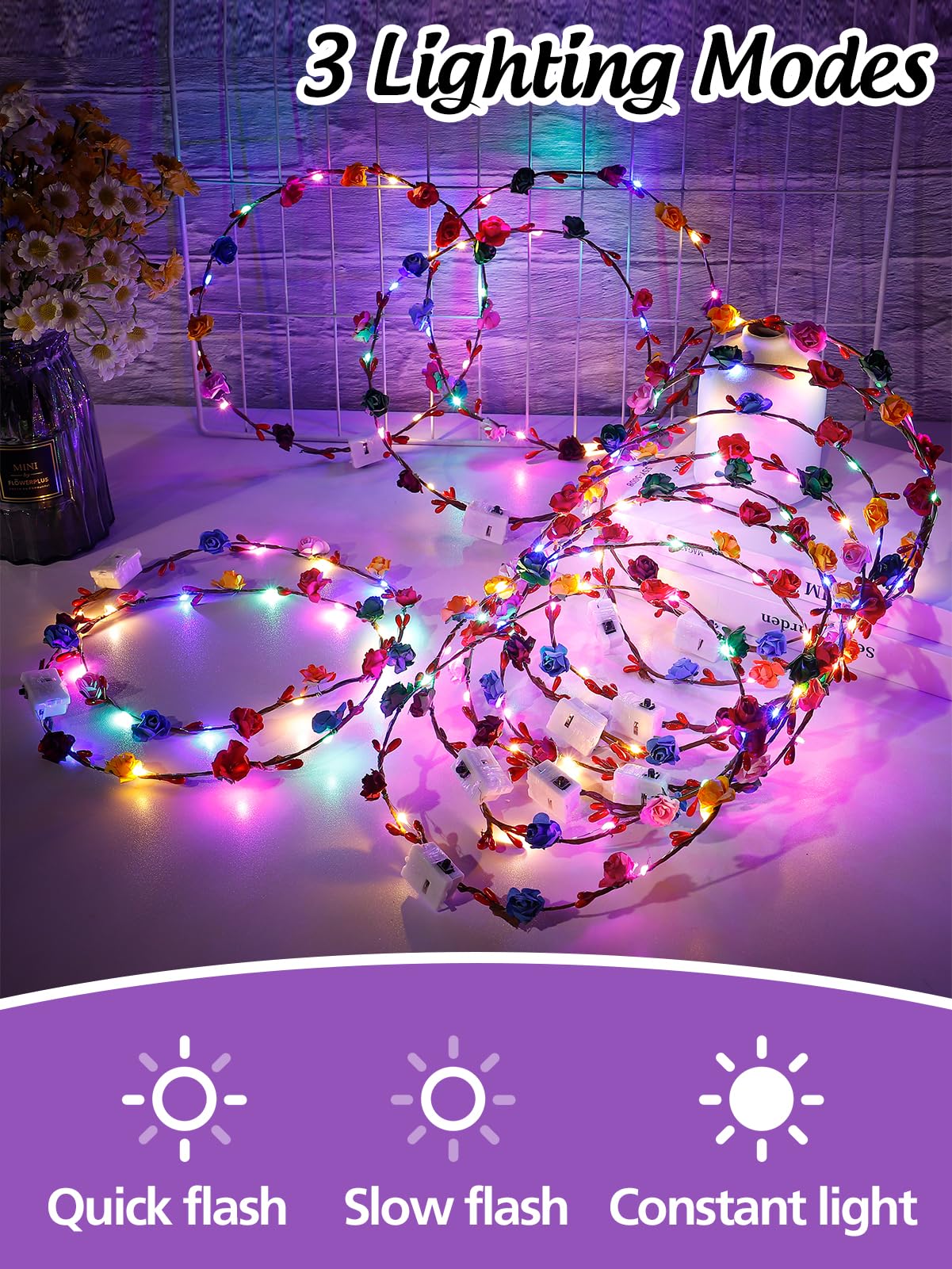 20 Pcs LED Flower Crowns Headbands - Light Up Headband for Women, Garlands Glowing Floral Wreath Crowns for Wedding Beach Party Birthday Cosplay Gifts