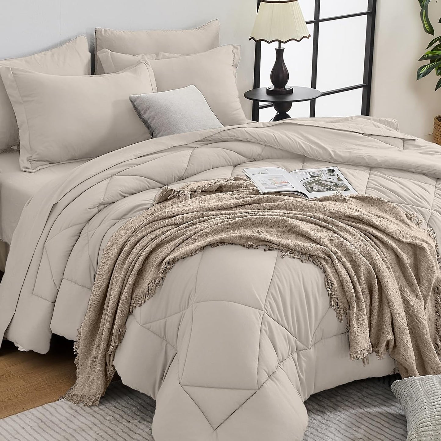 HEVUMYI Beige Tan King Comforter Set - 7-Piece All Season Bed in a Bag King, Ultra Soft Bedding Set with Comforter, Flat Sheet, Fitted Sheet, Pillowcases, Pillow Shams, Beige Tan