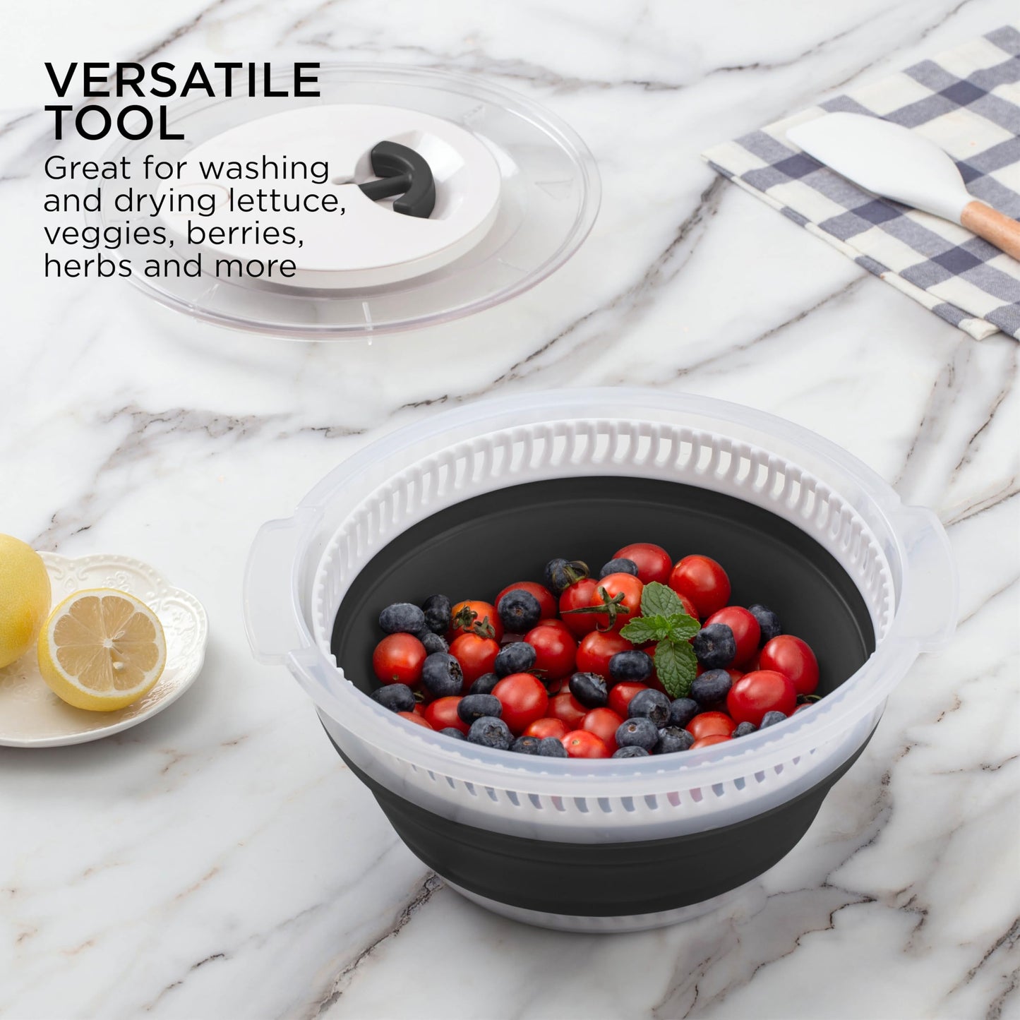 COOK WITH COLOR Collapsible Salad Spinner - 4 QT Space Saving Lettuce Dryer with Folding Collapsible Colander Great for Washing and Drying Fruit and Vegetables (Black)
