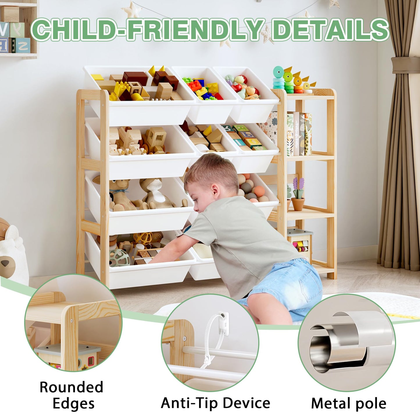 MallBest Kids Toy Storage Organizer with Bookshelf – Wooden Toy Bin Organizer with 12 Storage Bins & 3-Tier Shelf, Toy Shelf for Toddlers, Nursery, Playroom, Bedroom(Natural)
