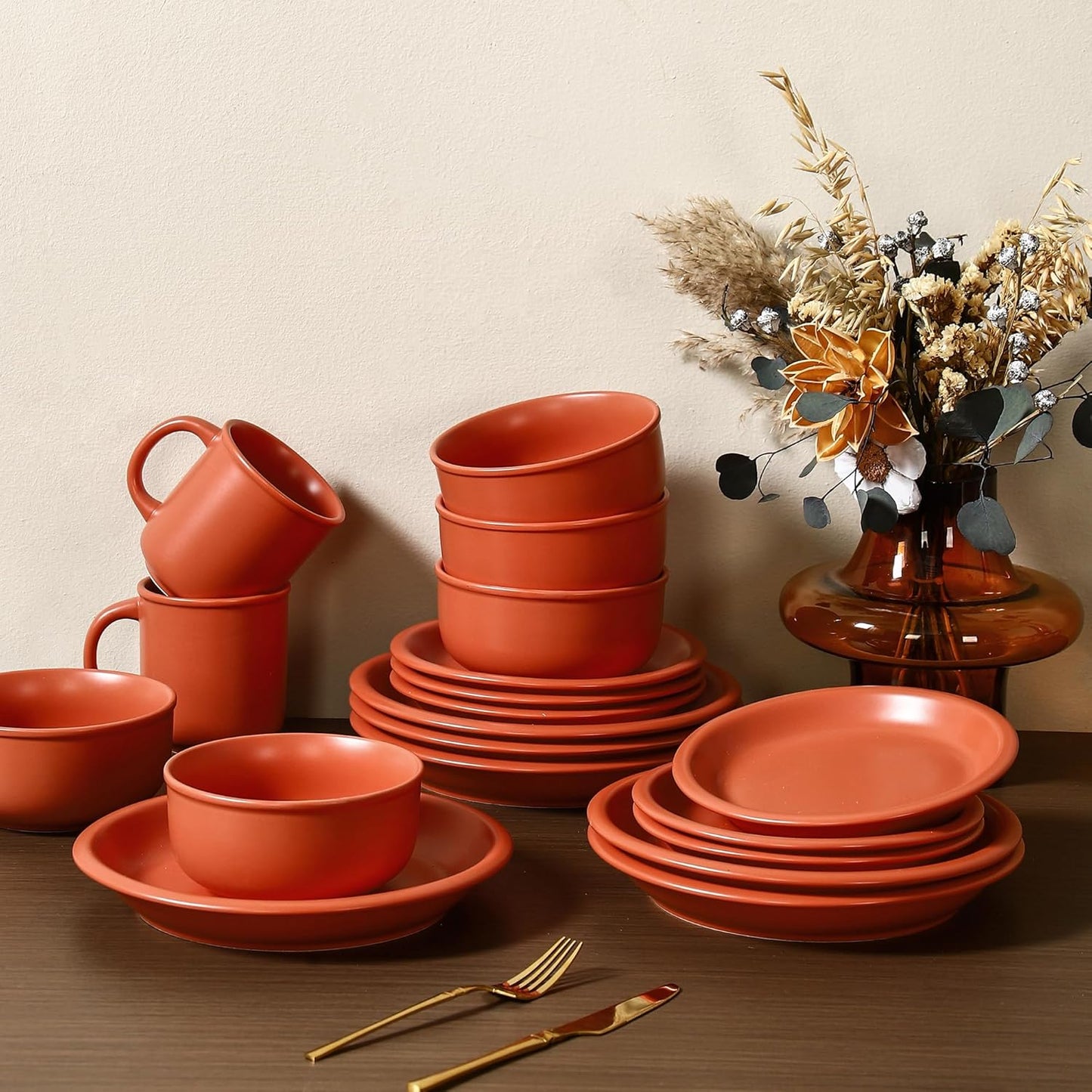 GZG 8 Inch Ceramic Dinner Salad Plates Set of 4, Rustic Matte Glaze Stoneware Dinnerware Set, Microwave & Dishwasher Safe, for Salad, Dessert, Appetizer, Everyday Use(Terracotta Blush)