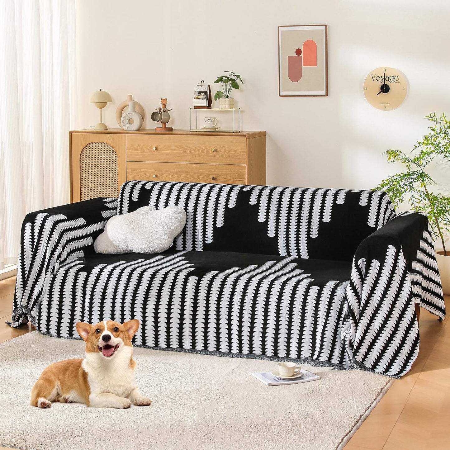 Boho Sofa Cover, Couch Covers for 3 Cushion Couch Sofa Pet Friendly, Sofa Cover Washable, Soft Chenille Living Room Couch Covers Slipcover, Pet Furniture Protecto (2# Black, 71" x 150")