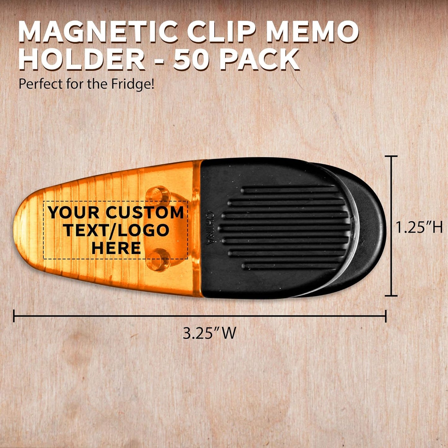 50 Magnetic Memo Holders Set - Customizable Text, Logo - Large Clip, Plastic - Orange