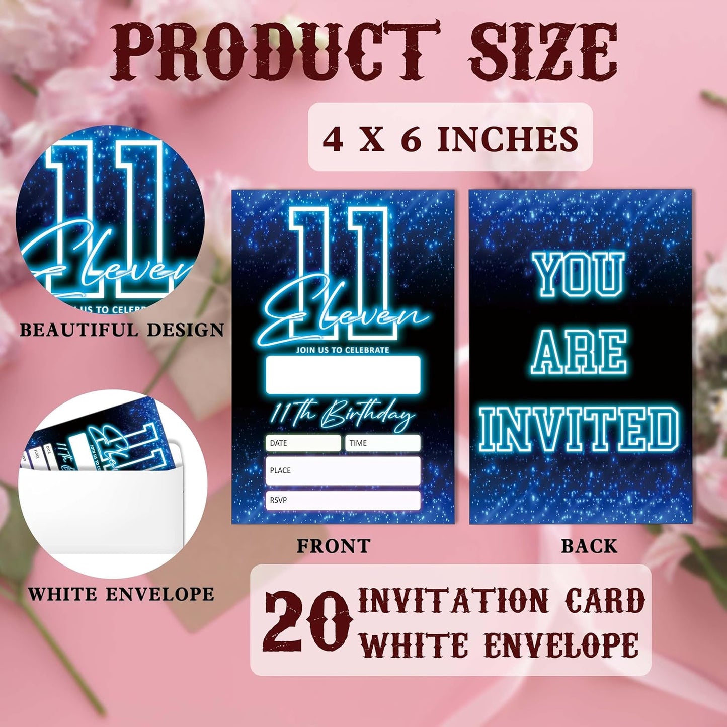 SIXEIGHT Blue 11th Birthday Party Invitations for Boys, Glow Neon Birthday Invitations, 20 Double Sided Invite Cards with Envelopes for Kids Girls, Party Decorations Supplies, 4"x6"-C11