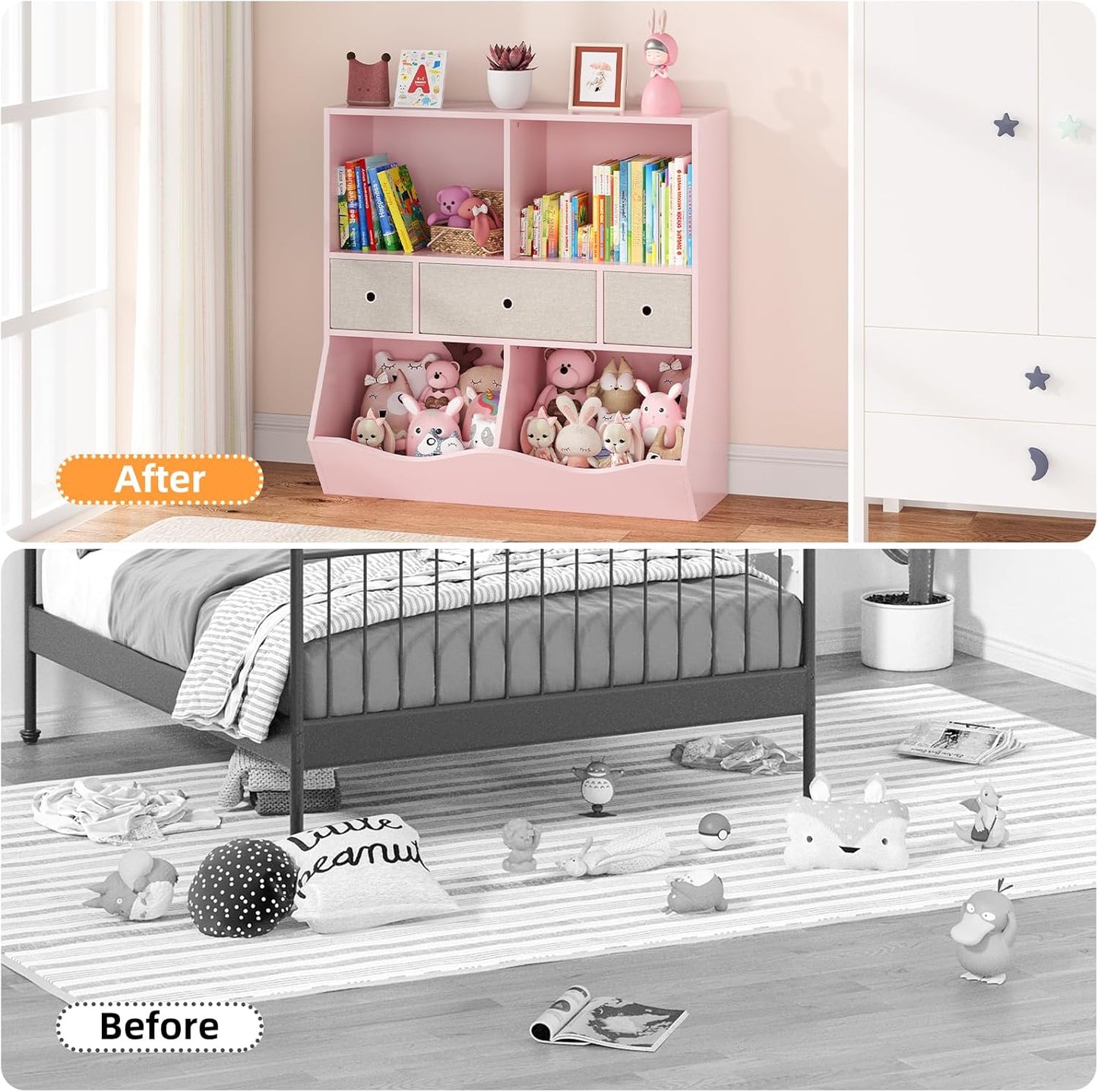 IDEALHOUSE 7-Cubby Large Kids Toy Storage Organizer, Children Wood Bookcase and Bookshelf, 3-Tier Toy Storage Cabinet with 3 Drawers for Hallway, Playroom, Living Room, School,Pink
