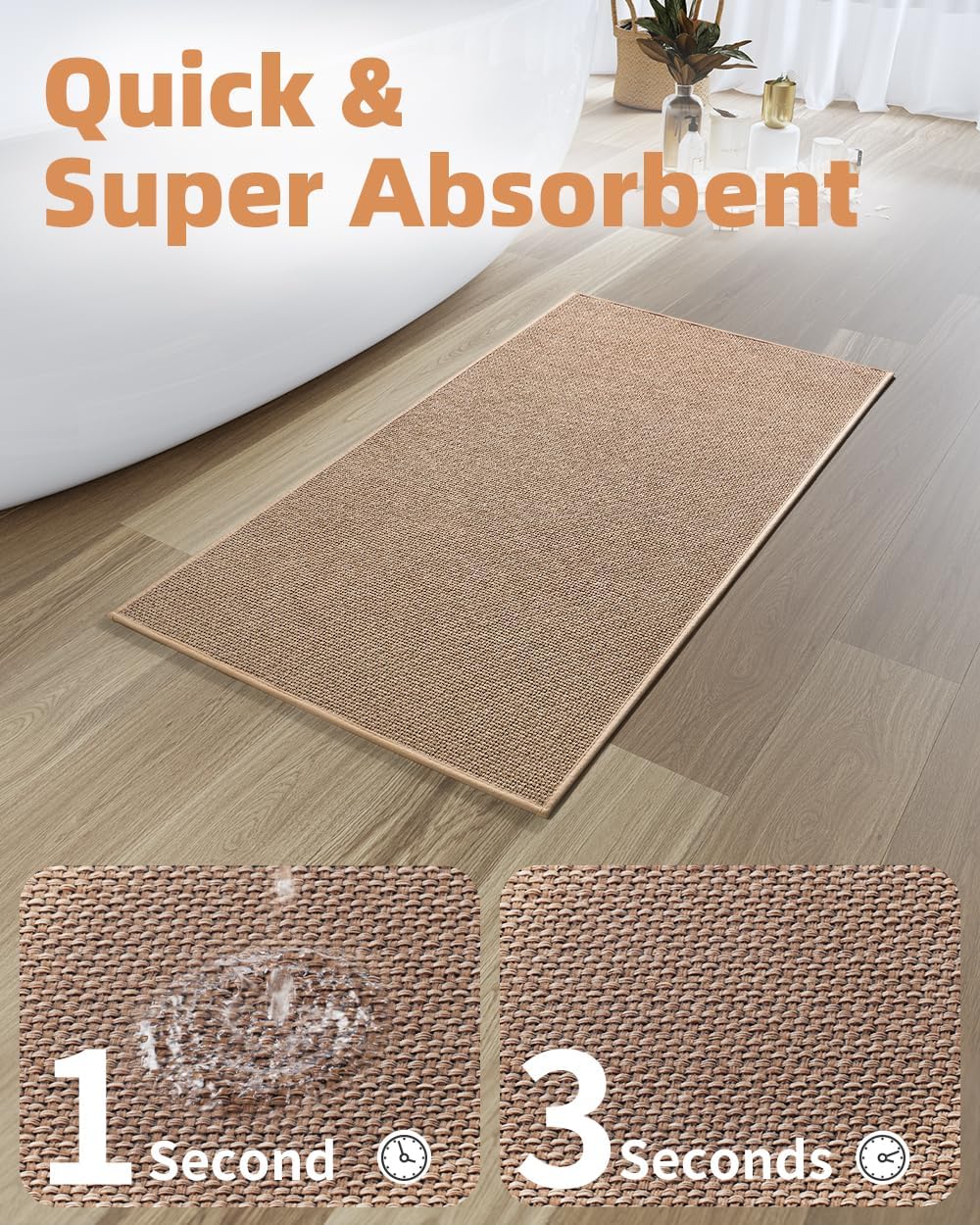 PADOOR Non-Slip Bath-Mats, Rubber-Backing Braided Absorbent Bathroom Mat, Machine Washable Thin Bathroom Rugs, Fit Under Door, Quick Dry, 24''x35'' Beige