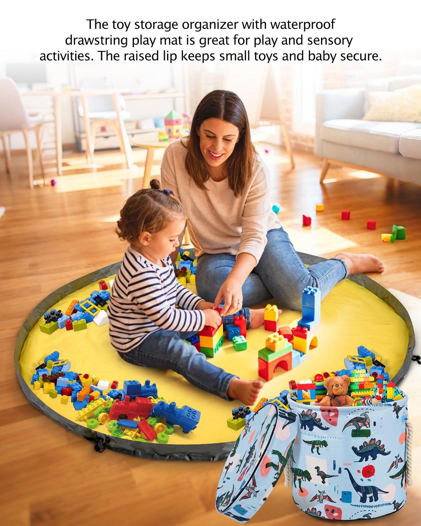 Toy Storage Organizer, Foldable Bag with 60" Play Mat for Kid, Playroom Basket Bin with Lid for Building Scattered Blocks, Thin Toy Mats Are Perfect for Homes with Carpets, Blue Dinosaur