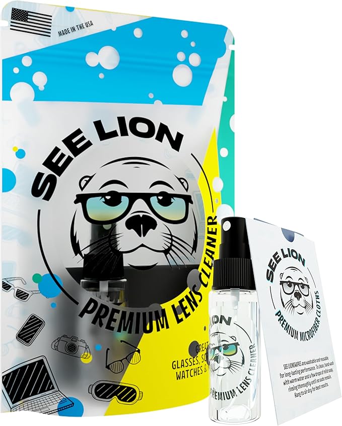 See Lion Premium Lens Cleaner Kit | Safe for Glasses, Camera Lenses, Screens, and Optics - Streak-Free Formula with Microfiber Cloth | 30ml / 1oz Travel Size