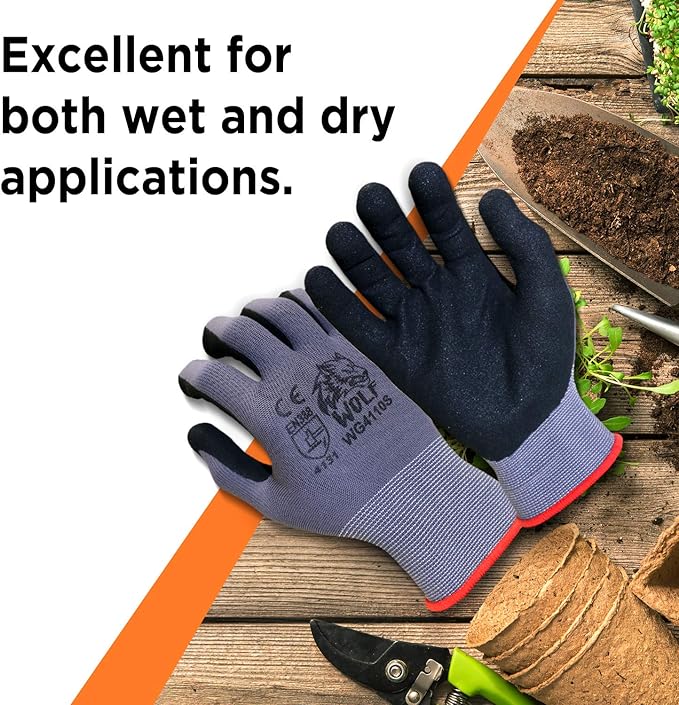 WOLF Ultra-Thin Nitrile Foam Palm Coated Glove with Tacky Dot Grip, Multi Purpose