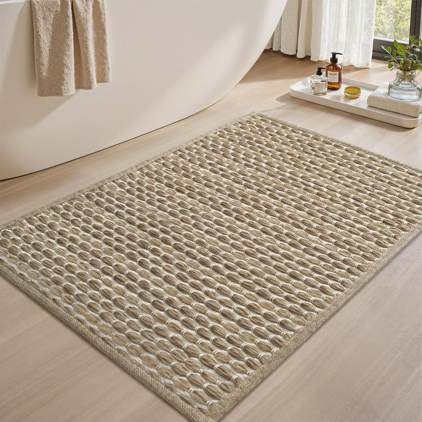 AMOAMI Unique Woven Bath Mat, Super Absorbent Non Slip Bath Mats for Bathroom Floor Textured Bathroom Mat Quick Dry Washable Bath Rug Boho Thin Rugs for Bathroom Beside Tub, 24" x 36", Brown