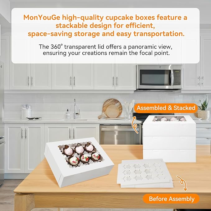 10-Set Cupcake Boxes Bulk with Clear Display Window Hold 12 Standard Cupcakes, Disposable Food Grade White Cupcake Carrier Cupcake Container, Perfect for Cupcakes Muffins Cookies Pastries