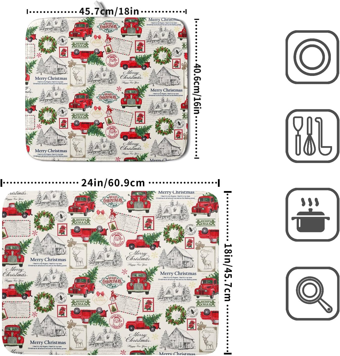 Christmas Red Truck Dish Drying Mat for Kitchen Counter Vintage Xmas Theme Drying Mat 18x24 Inch Winter Holiday Absorbent Dish Drainer Mat Christmas Kitchen Accessories