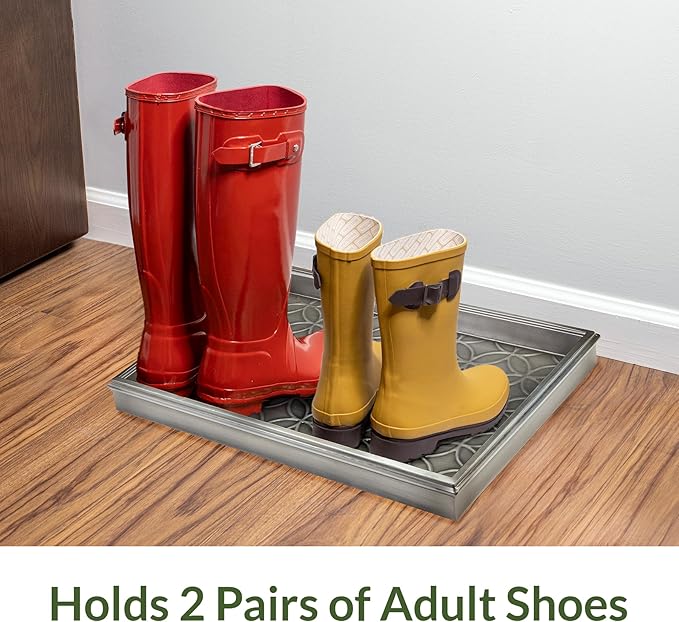Good Directions Small Boot Tray, Double Circles Multi-Purpose All Weather Decorative Boot Shoes, Plants, Garage, Patio Door, Pet Bowls, 20 inch Entry Indoor Shoe Tray for Apartment, Dark Zinc Gray