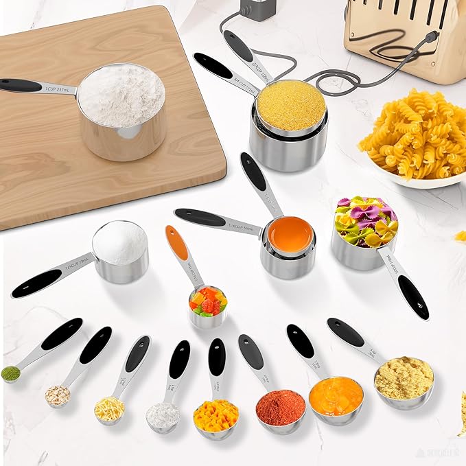 Measuring Cups and Spoons Set, 21 Pieces Stainless Steel Measuring Cups Measuring Spoons Set with Black Silicone Handle, Nesting Measuring Cup Spoon for Dry or Liquid Ingredients