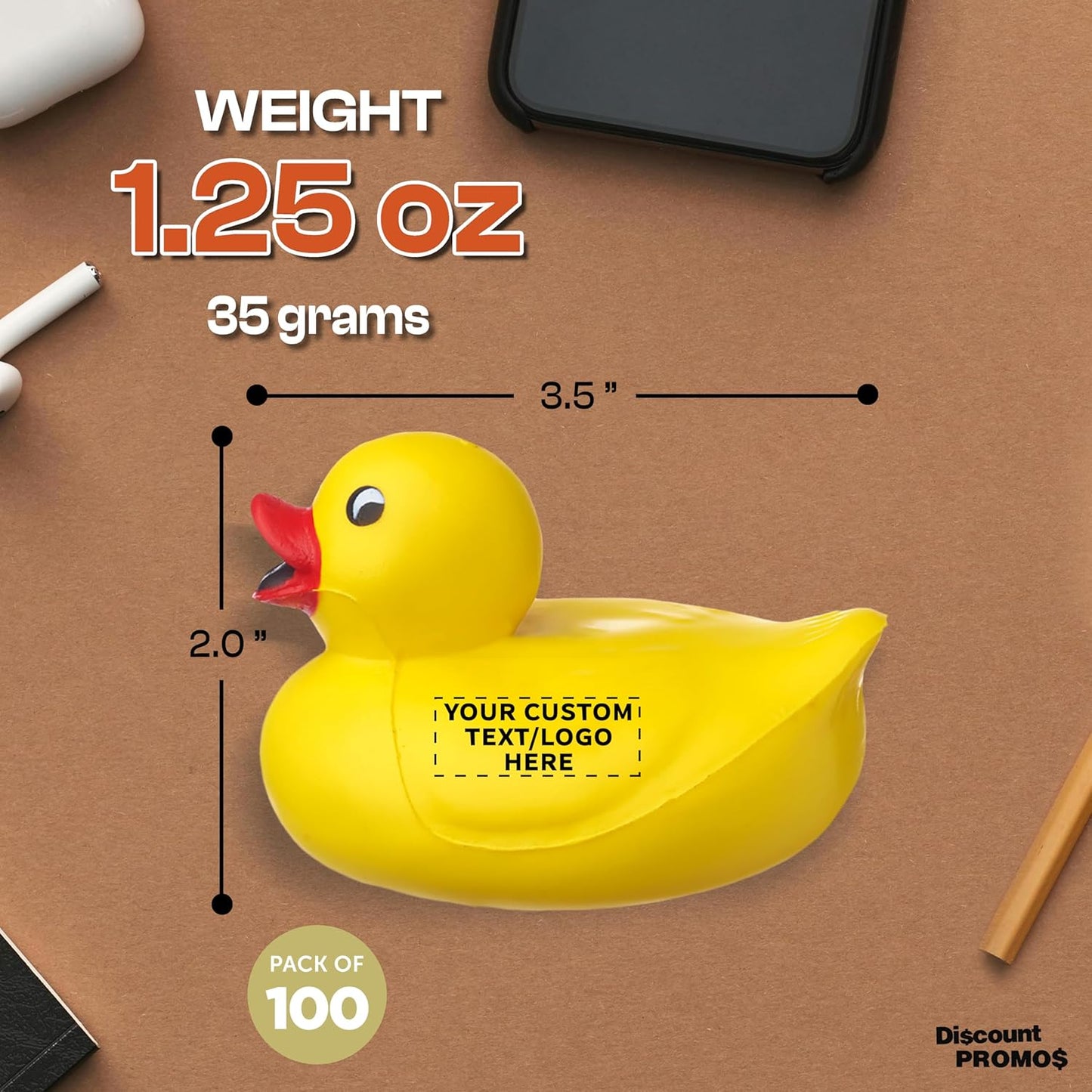 DISCOUNT PROMOS Custom Rubber Ducky Squeeze Balls Set of 100, Personalized Bulk Pack - Perfect for Promotional Giveaways - Yellow