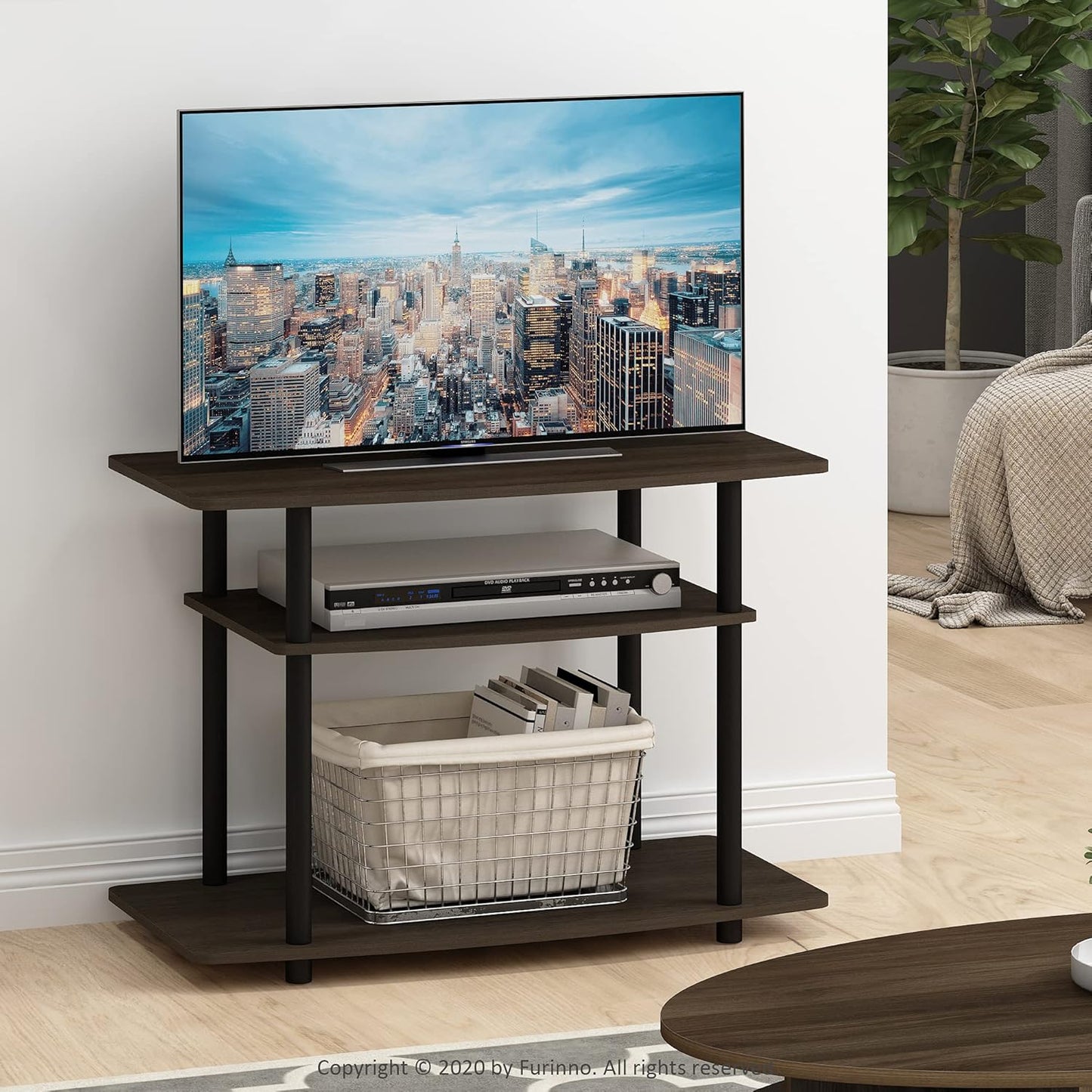 Furinno Turn-N-Tube No Tools 3-Tier Entertainment Center TV Stand for TV up to 32 Inch, Plastic Round Tubes, Dark Brown/Black