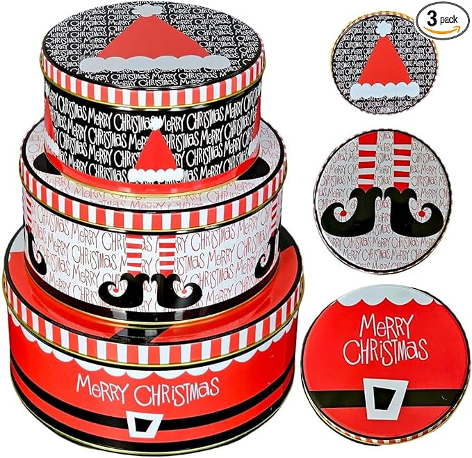 Pack of 3 Round Metal Nesting Tins – Stackable Storage Containers with Lids for Kids' Cookies, Candy, Snacks, Crafts & Kitchen – Fun Xmas Elf Hat Design