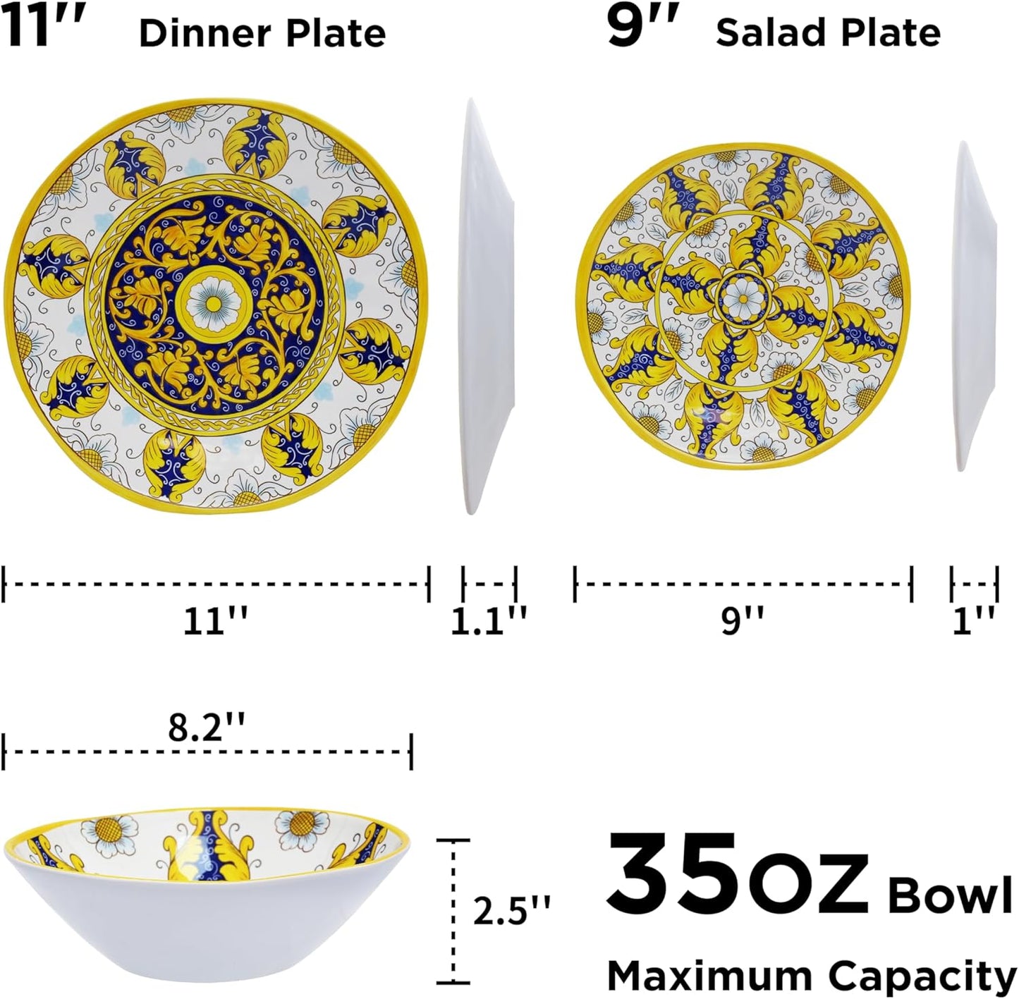 TP 12-Piece Dinnerware Set, Melamine Dishes Set with Bowls and Plates, Non-breakable and Lightweight Dinner Service for 4, Luxury Yellow