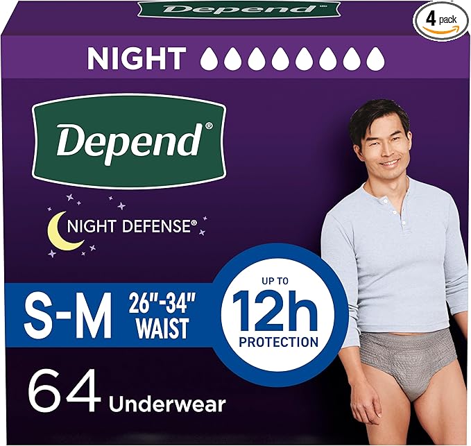 Depend Night Defense Adult Diapers, Incontinence Underwear for Men, Disposable, Overnight, Small/Medium, Grey, 64 Count (4 Packs of 16), Packaging May Vary