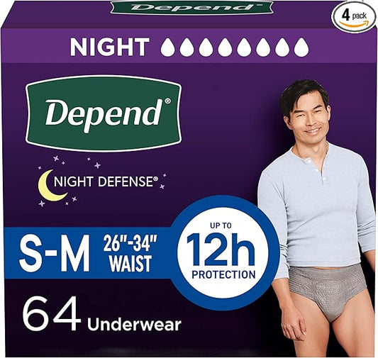 Depend Night Defense Adult Diapers, Incontinence Underwear for Men, Disposable, Overnight, Small/Medium, Grey, 64 Count (4 Packs of 16), Packaging May Vary