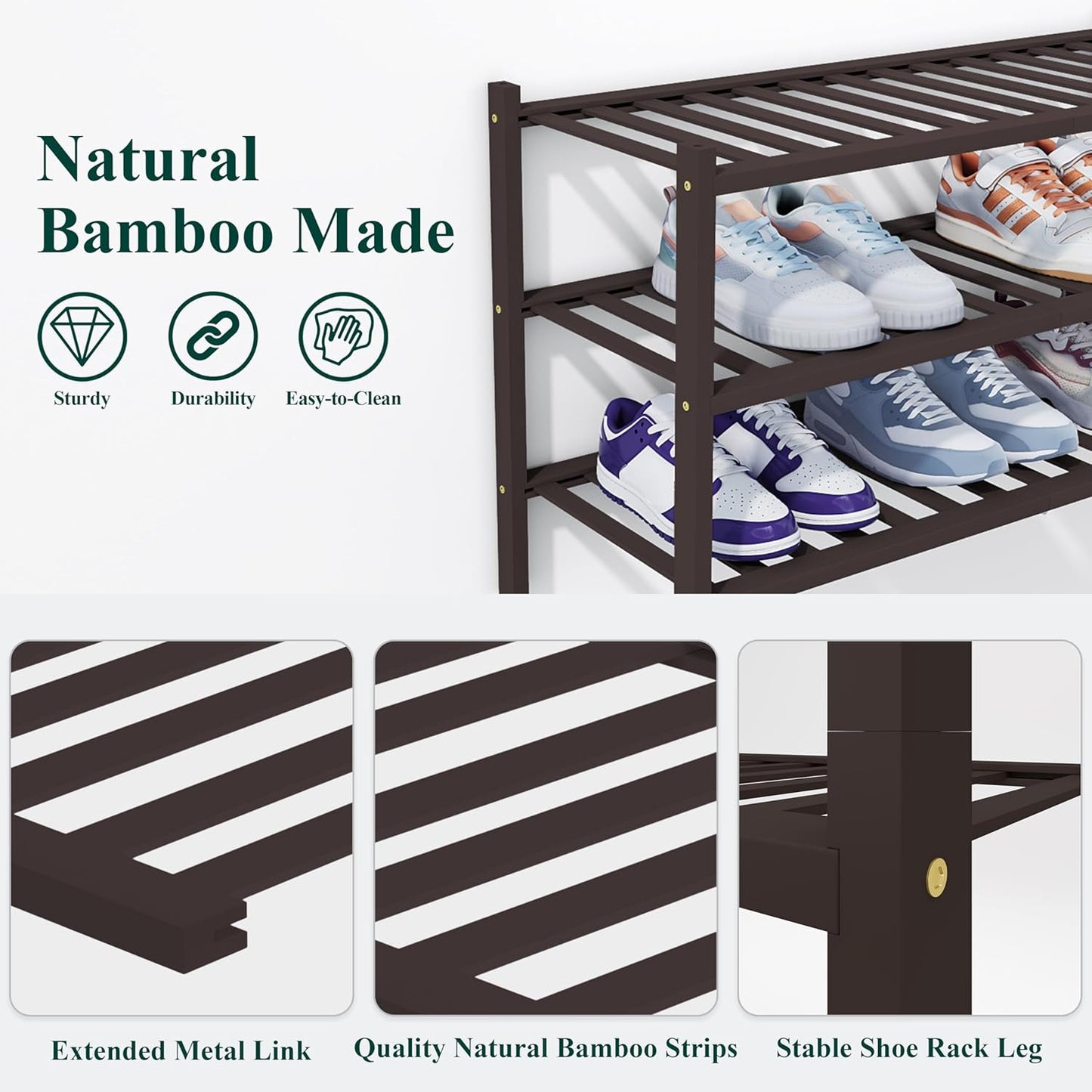 Smiry Shoe Rack, 5 Tier Thick Bamboo Shoe Organizer, Stackable Free Standing Wooden Shoe Storage Shelf for Closet, Entryway, Front Door Entrance, Brown