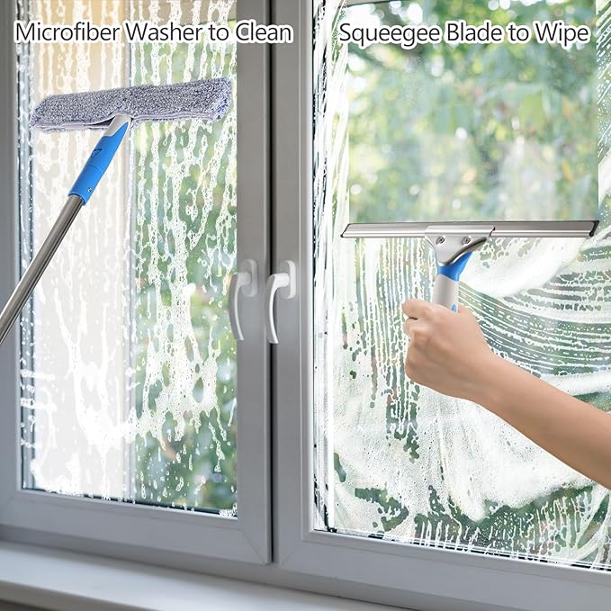 20 Feet High Reach Window Cleaning Kit with Extension Poles, Window Cleaner Tool with 14’’ Silicone Squeegee, Microfiber Scrubber & Cloth, Window Washing Equipment for Outdoor High Windows