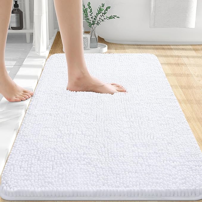 OLANLY Bathroom Rugs 32x20, Extra Soft Absorbent Chenille Bath Rugs, Rubber Backing Quick Dry, Machine Washable Bath Mats for Bathroom Floor, Tub and Shower, Home Decor Accessories, White