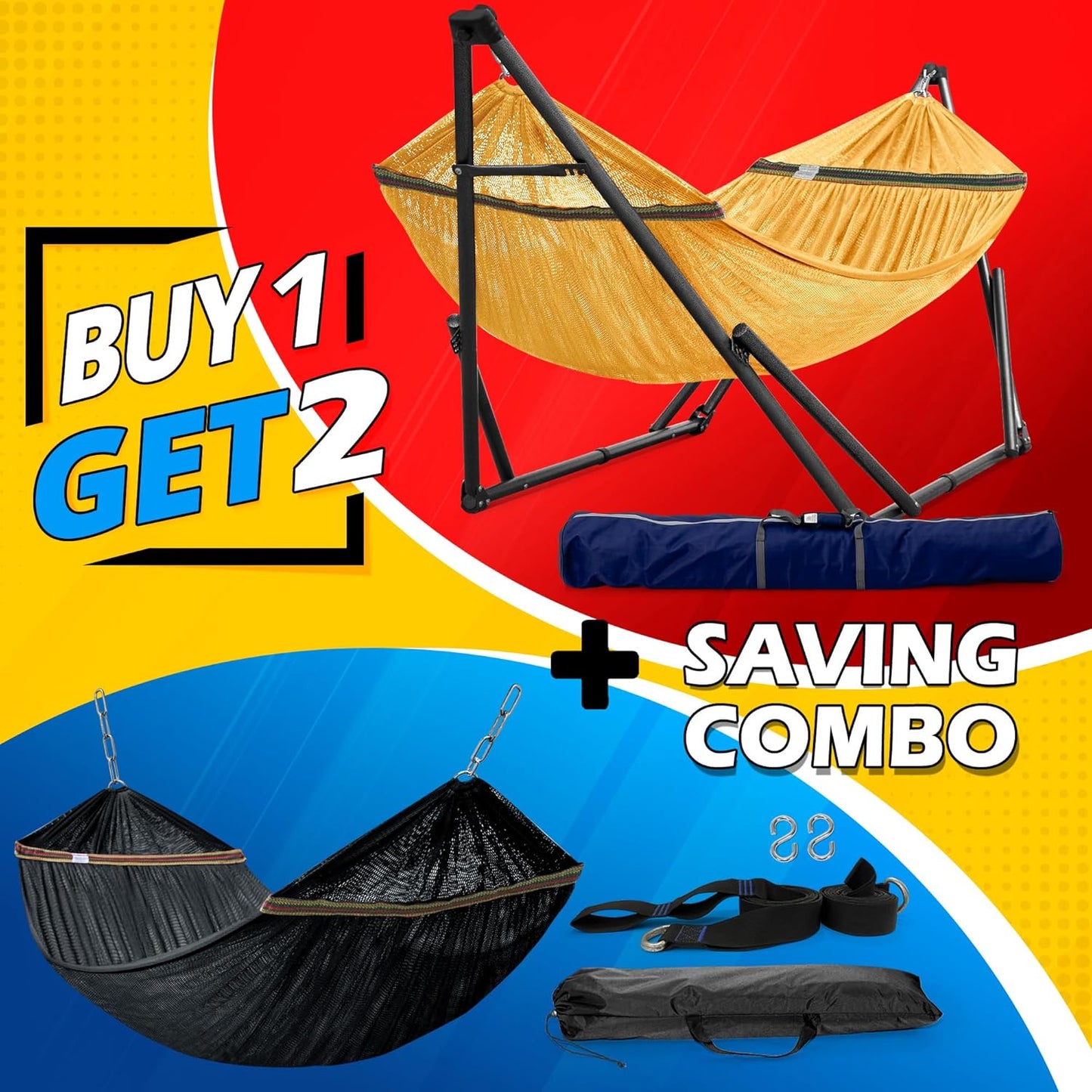 Tranquillo Universal Hammock with Stands Electro Static Coated Steel, Adjustable Foldable Hammock Stand with 2 Layered Polyester Net and Carry Bag for 2 Persons (Combo - Yellow)