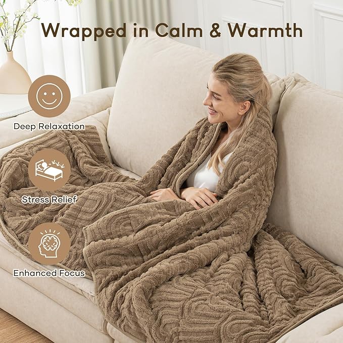 Cottonblue Weighted Blanket for Adults 15 lbs Twin Size, Cozy Fluffy Sherpa Fleece Jacquard Weighted Throw Blankets 48" x 72" for Sleep Relax, Fuzzy Warm Arch Heavy Blanket Soft for Bed Couch, Khaki