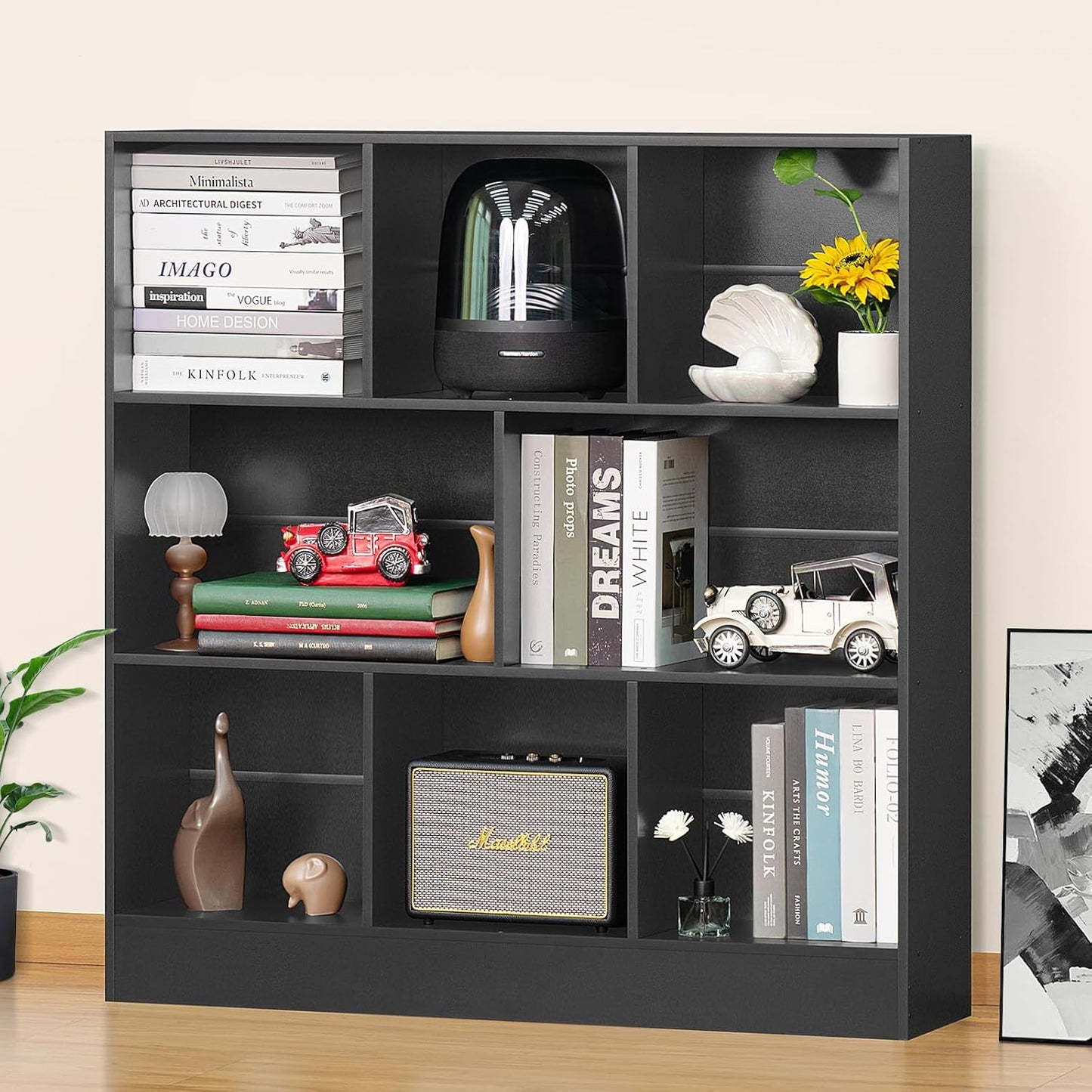 YAHARBO Black Wide Bookshelf,3 Tier Modern Horizontal Bookcase,Wood Low Bookshelves Display Storage Cabinet with Base,Floor Standing 8 Cube Large Bookcases Organizer for Bedroom,Living Room,Office