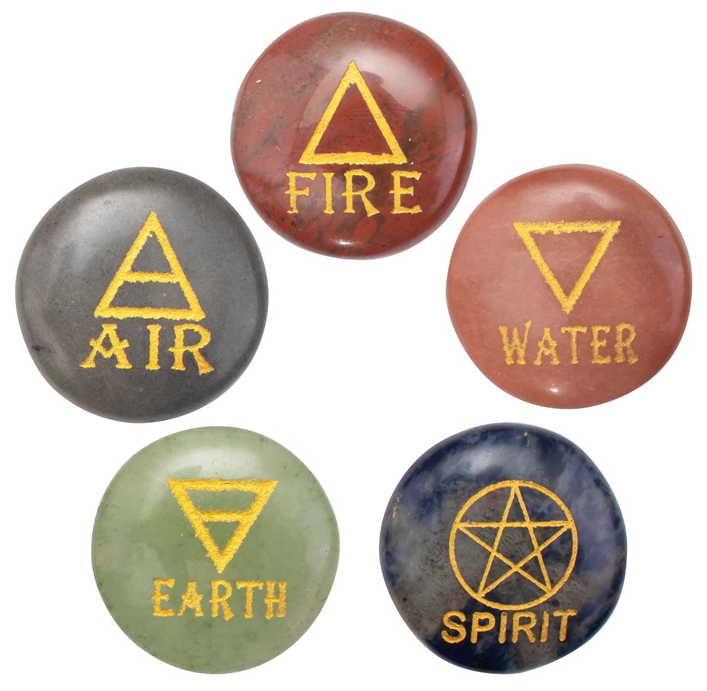 Crocon 5 Elements Assorted Stones Round Shape Engraved Triangle Symbols (Earth Air Fire Water Spirit) Polished Palm Stones for Gemstone Reiki Crystals Healing Stones Meditation Divination Gifts