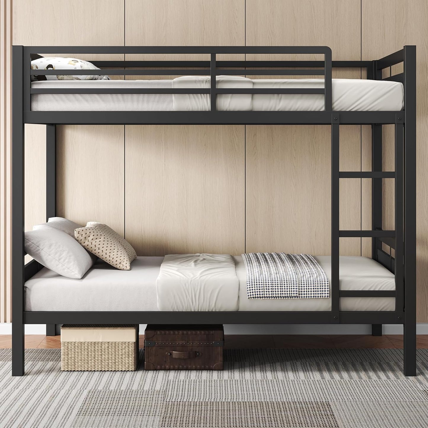 Feonase Metal Twin Over Twin Bunk Bed with Ladder and High Guardrail, Heavy-Duty Metal Slats Support, Noise Free, No Box Spring Needed, for Kids and Juniors, Black
