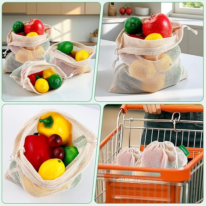 12+1 Pack Reusable Produce Bags, Cotton Mesh Produce Bags Reusable Washable, Grocery Bag, Double-Stitched Vegetable Bag with Drawstrings for Shopping, Transporting and Storing(4xS, 4xM, 4xL)
