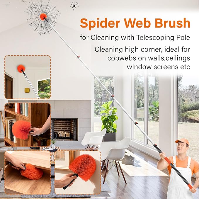 Cobweb Duster with 5-20FT Extension Pole | Spider Web Brush for Outdoor & Indoor Web Cleaning | Soft Bristle Brush | Lightweight Extendable Handle | 3/4" Standard Acme Threaded Fits Cleaner Tool