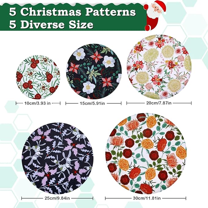 5-Size Beeswax Bowl Covers for Bread Proofing, Reusable Cotton Cloth Bowl Covers, Flexible Beeswax Wraps for Food Storage Christmas Holiday Kitchen Decor(Holly)