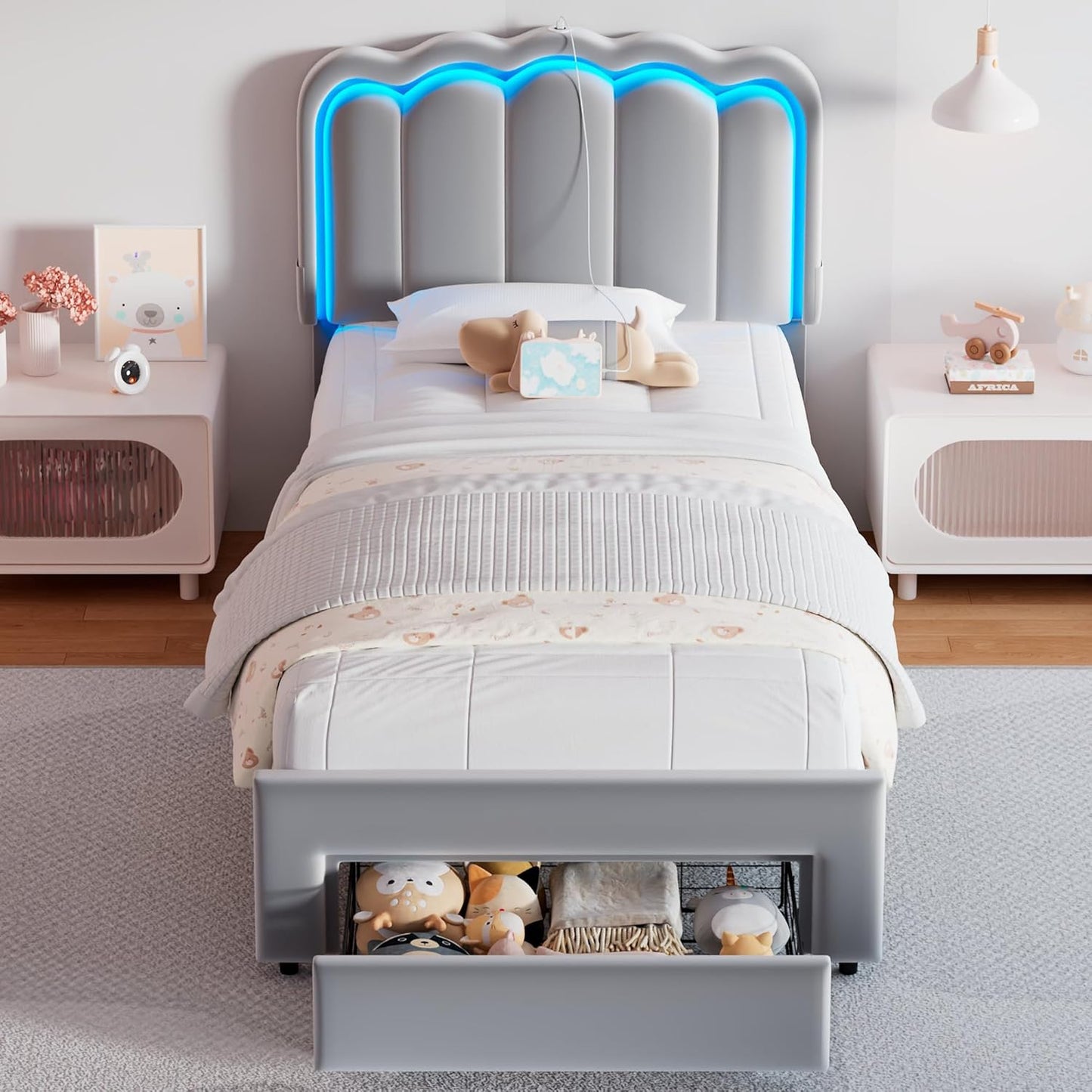 Twin Upholstered LED Bed Frame with Storage Drawer and Adjustable Chic Double Wavy Headboard, Velvet Prince Platform Bed for Boys/Kids, Solid Wood Slats Support, No Box Spring Needed, Grey