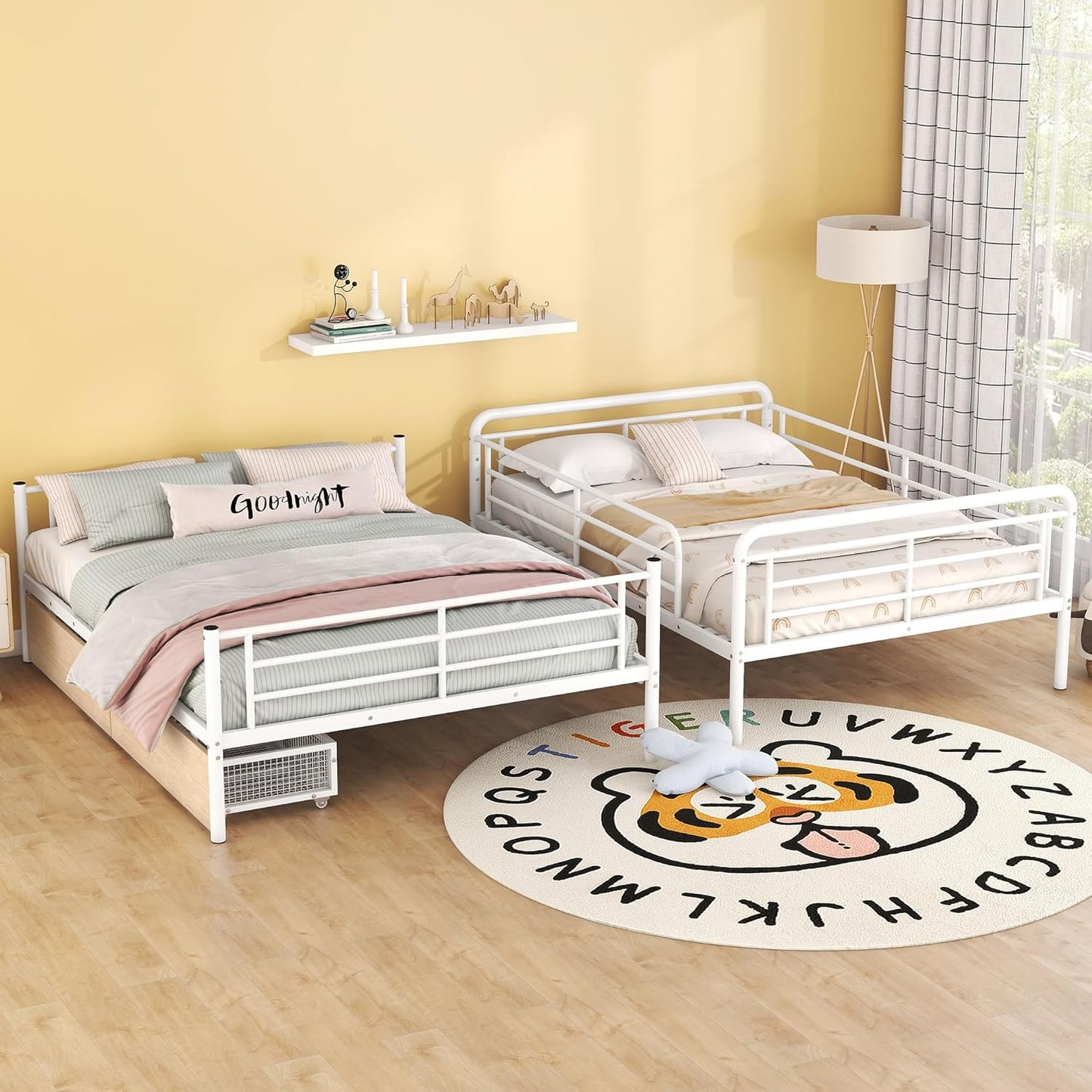 Full Over Queen Metal Bunk Bed with 2 Storage Drawers,Contemporary Iron-Crafted Bed Frame,w/Ladder & Full Length Gridded Guardrails,No Box Spring Needed,for Bedroom Guest Room,White