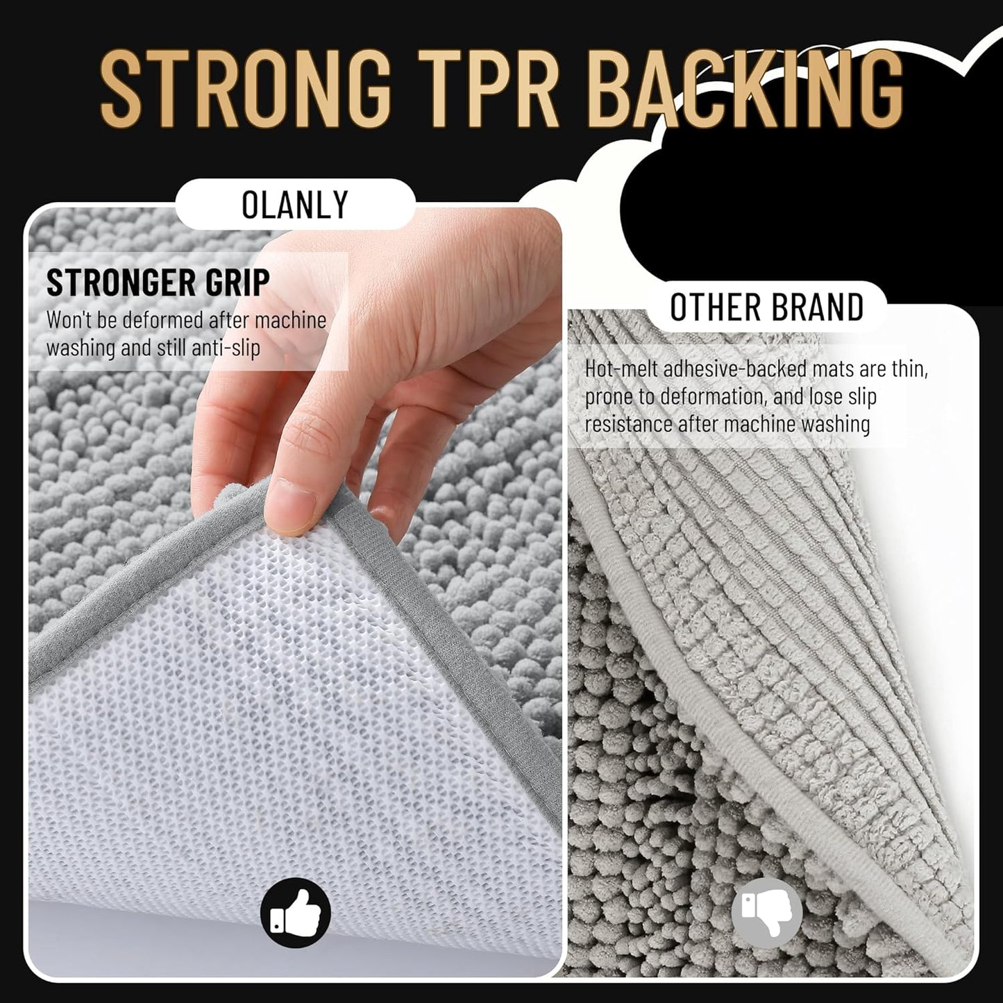 OLANLY Thick Bathroom Rugs 70x24, Extra Soft Absorbent Chenille Striped Bath Rugs, Rubber Backing, Machine Wash Dry, Bath Mats for Bathroom Floor, Tub and Shower, Home Decor Accessories, Light Grey