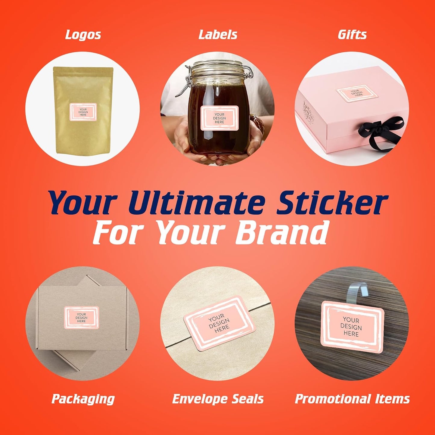 100 Custom Vinyl Stickers - Upload Your own Image, Text, Design, Logo - Personalized Logo Labels for Handmade, Packaging, Bottle, Jars, Candle, Brand Stickers (Peach, 5x3)