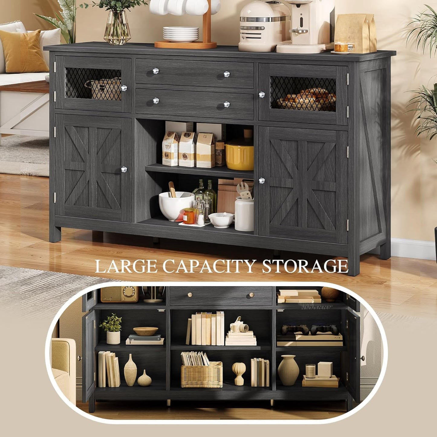 YITAHOME Farmhouse TV Stand for TVs up to 65", 59" Entertainment Center with 2 Large Drawers & Visual Grid Door, Rustic TV Media Console for Living Room, Dark Grey