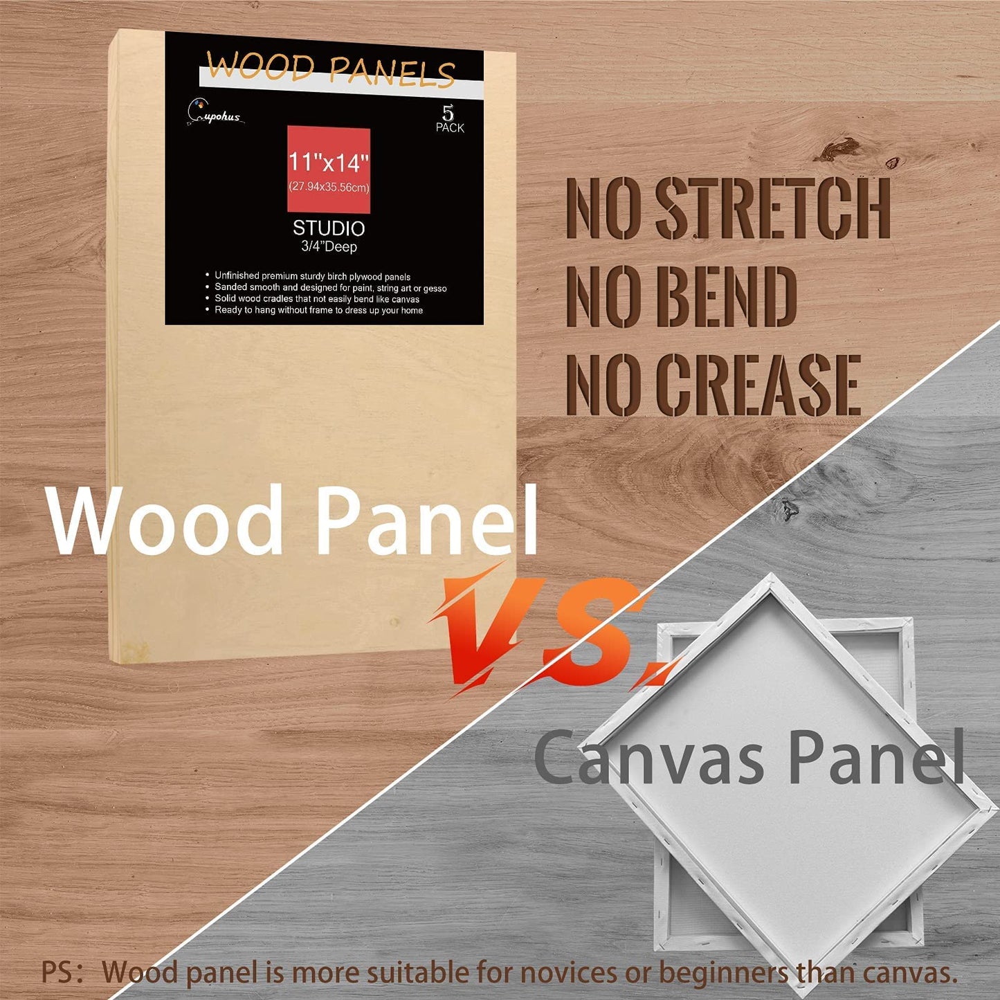 Cupohus Unfinished Birch Wood Boards Canvas for Painting, 5 Packs 3/4'' Deep Cupohus 11'' x 14'' Wooden Cradled Panels for Pouring Art, Crafts, Paints and More