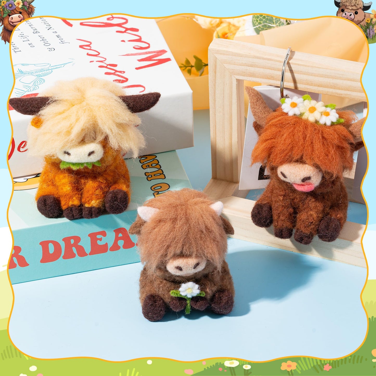 WATINC Needle Felting Kit - 3 Set Unique Different Cute Doll Wool Felt Needle Tools Foam Pad Instruction, DIY Home Decoration Craft Party Supplies for Art Work Starter Beginners (Highland Cow)