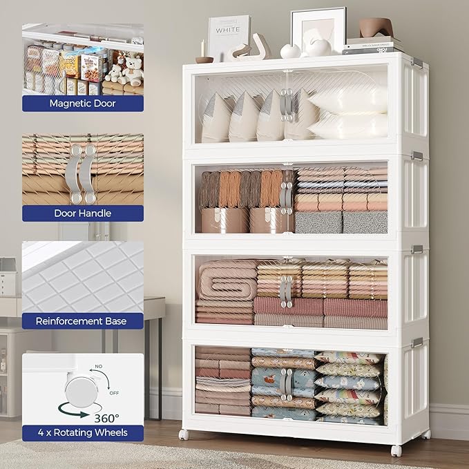 120GAL Plastic Storage Bins with Lid, 480QT Extra Large Stackable Closet Organizers and Storage, Collapsible Storage Boxes with Wheels, Folding Cabinet for Home Kitchen Office, 4Pack White