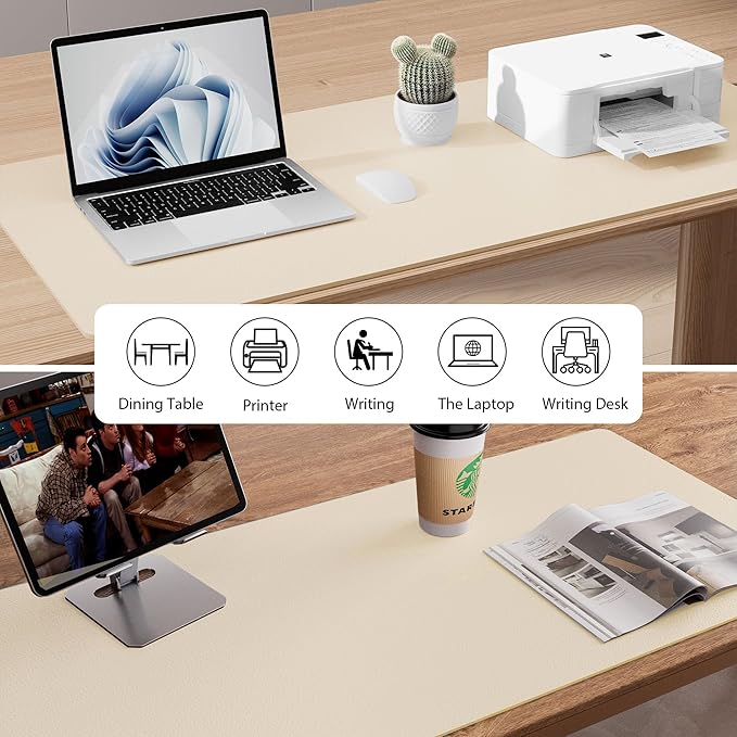 Aothia Faux Leather Desk Mat - Non-Slip PU Leather Desk Blotter, Waterproof Writing Surface, Large Desk Pad for Office & Home (Beige, 55" x 17")