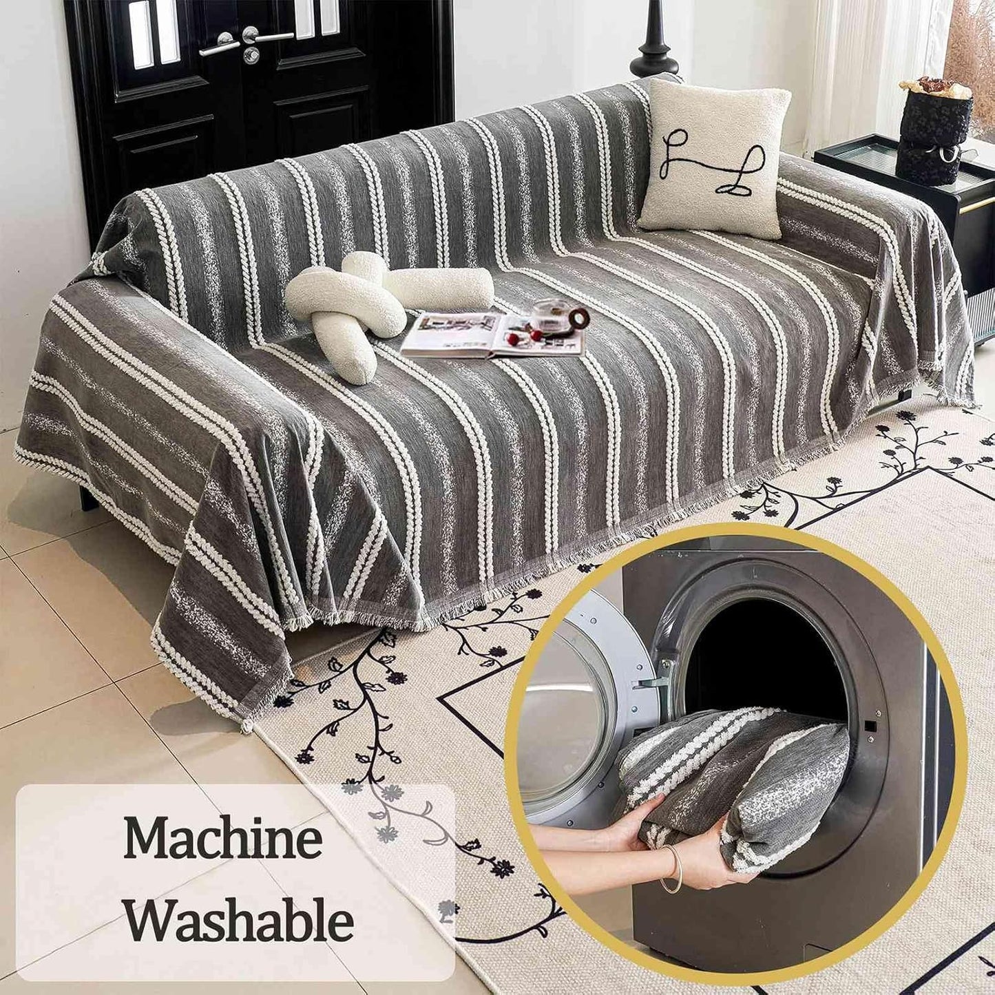 Couch Cover for Dogs Washable Sofa Cover, Sectional Couch Covers, Sofa Covers for 2 Cushion Couch, Non Slip Stripe Sofa Slipcovers Furniture Protector, Couch Protector from Cat Claws, Grey,75''x150''
