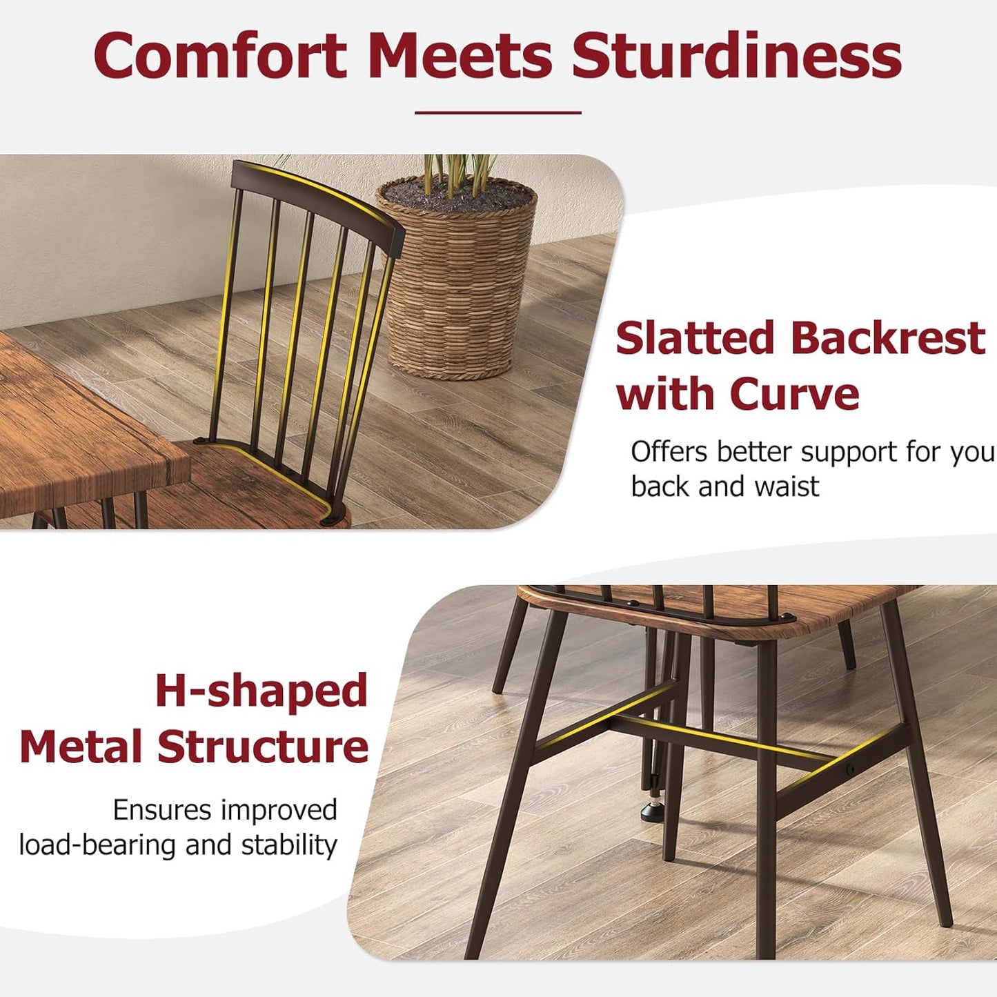 Tangkula Dining Table Set for 4, Kitchen Table and Chairs Set of 4 w/Metal Frame, 360° Swivel Feet, Space-Saving Dinette Table Set for Living Room, Restaurant, Breakfast Nook (Teak)