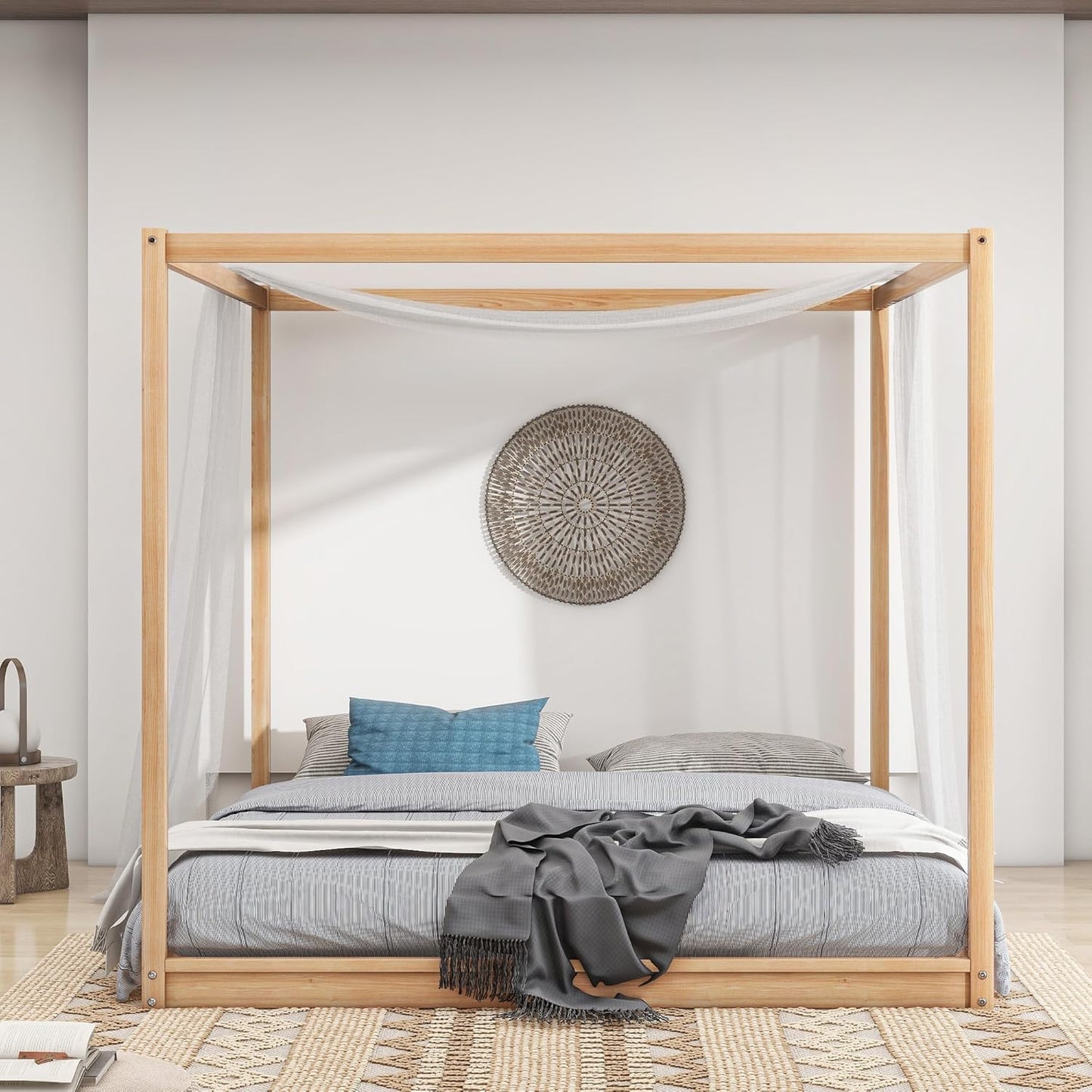 King Size Canopy Platform Bed with Support Legs,Solid Wood Bed Frame,4-Post Canopy-Platform-Bed for Kids Teens Adults, No Box Spring Needed,Natural